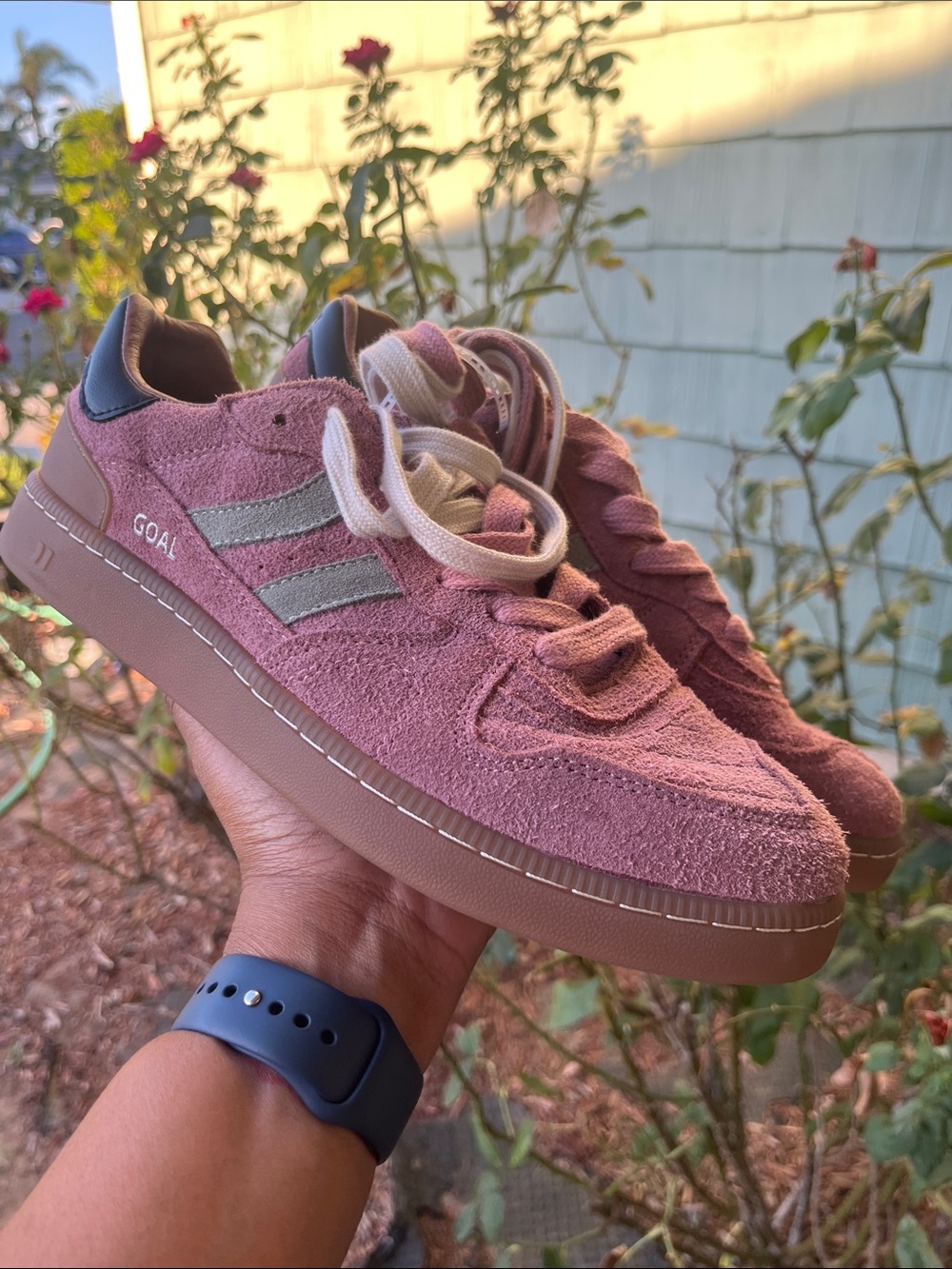 Coolway Suede Sneakers in Dusty Pink with Gray Stripes